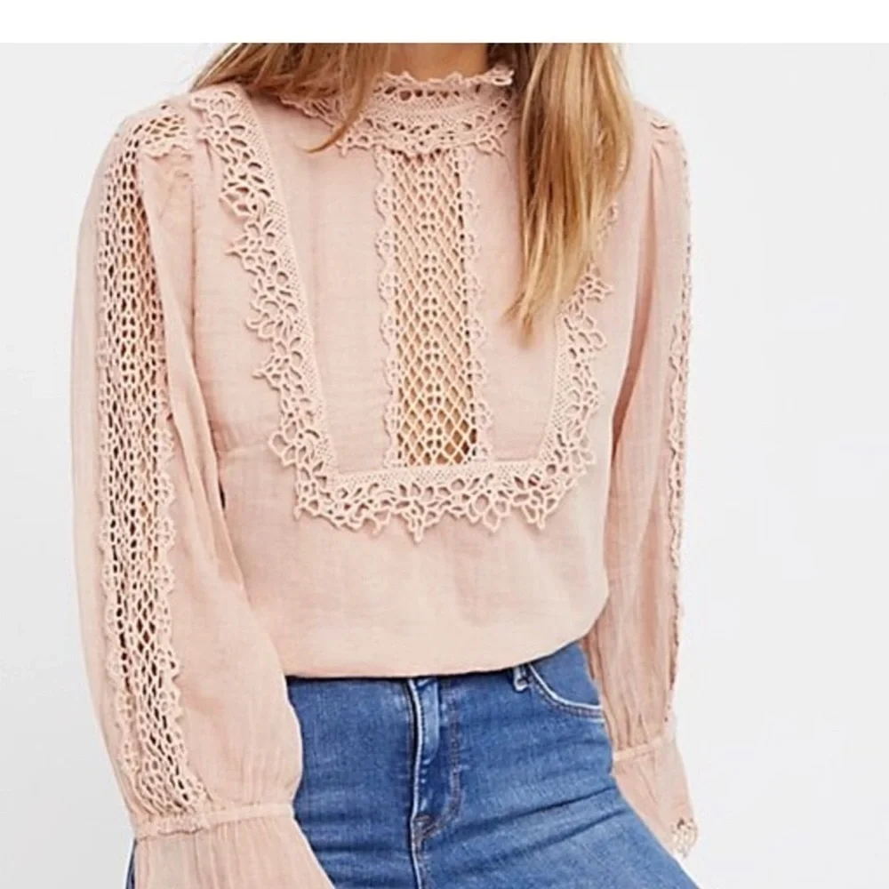 Free People One Blush Victoria Blouse Cut Lace Button Back Puff Sleeves Size S